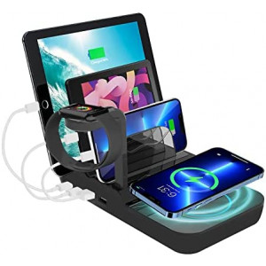 70W Charging Station for Multiple Devices, 5 in 1 Fast Qi Charging Dock with 10W Max Wireless Charger and 4 Ports Charging Dock, 30W USB C PD Fast Charging for iPad, iPhone,Tablets,Android,Kindle