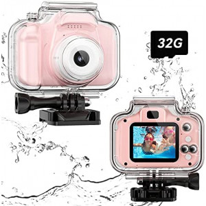 Kids Waterproof Camera Toys for 3-12 Year Old Girls Birthday Children Underwater Sports Video Camera HD Toddler Digital Action Camera 2 Inch Screen with 32GB Card