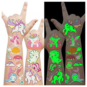 123 Styles Luminous Temporary Tattoos for Girls Kids Gifts, Fake Unicorn Mermaid Butterflis Dinosaur Tattoo Stickers for Toddler, Birthday Party Supplies Favors for Kids Glow Makeup in the Dark-10 sheets