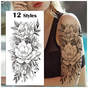 Cerlaza Temporary Tattoos for Women, Fake Flower Tattoos Stickers for Adults, Semi Permanent Half Sleeve Tattoo Body Leg Makeup Waterproof, Flower 3D Butterflies Tatuajes Temporales-12 Sheets