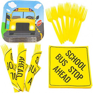 School Bus Value Party Supplies Pack (For 16 Guests), School Bus Party Supplies, Back To School Decorations, Kindergarten Graduation, Bus Wheels Theme Party, Bus Party Plates, Blue Orchards
