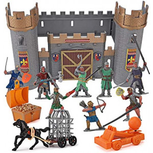 Medieval Castle Knights Action Figure Toy Army Playset with Assemble Castle, Catapult and Horse-Drawn Carriage (Bucket of 8 Soldier Figurines)