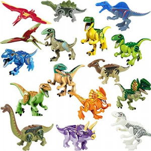 Liberty Imports Dino World Dinosaur Building Blocks Miniature Action Figures Jurassic Toys - Kids Bulk Party Favors Gift Pack (Set of 16)
