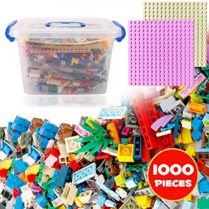 Liberty Imports Bucket of Mini Building Bricks Playset with Base Plates, 16 Color Classic and Pastel Mix Blocks Set in Carrying Case, Tight Fit and Compatible with All Major Brands (1000 Pieces)