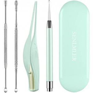 4 Pack Ear Wax Removal Tool Kit with Light, Ear Pick Ear Cleaning Tools Set for Kids and Adults, Ear Picks Digger & Tweezers & Spiral Spring Ear Spoon with Storage Box (Green)