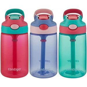 Contigo Kids Autospout Water Bottle, 3 Pack - Plastic, 14oz - Leak and Spill Proof Bottles, Ideal for Travel and Activities, Easy-Clean and Dishwasher Safe - Press The Button For Pop Up Straw