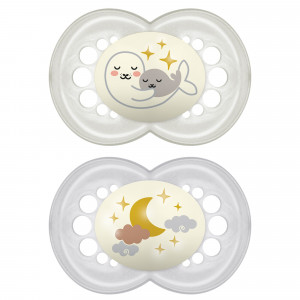 MAM Night Pacifier, 6-16 Months, Unisex, 2 Pack (Styles May Vary)