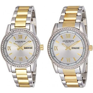 Akribos XXIV Men's and Women's Watch Matching Set - His and Her and Crystal Filled Watch Roman Numerals with Date Window on Stainless Steel Bracelet - AK888