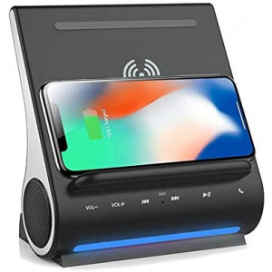Fast 15 Watts Wireless Charger Sound Hub Bluetooth Speaker with Upgraded Mic Handsfree Calling Two USB Ports, Upright View Angle, Space Saving 4 in 1 Dock