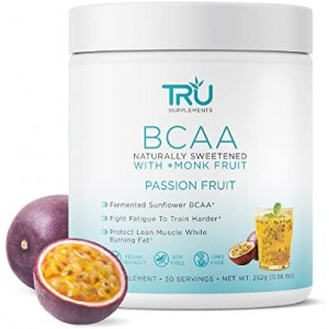 TRU BCAA Powder, Plant Based Branched Chain Amino Acids, Vegan Friendly, Zero Calories, No Artificial Sweeteners or Dyes, (30 Servings, Passion Fruit)