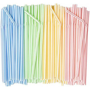 [500 Count] Flexible Disposable Plastic Drinking Straws - 7.75" High - Assorted Colors Striped…