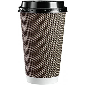 [50 Sets - 16 oz.] Insulated Brown Patterned Ripple Paper Hot Coffee Cups With Lids (Lids Color May Vary)