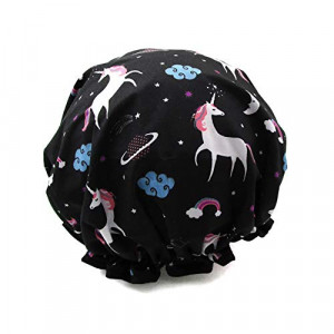 1 Pcs Waterproof Shower Cap,Reusable Elastic Unicorn Printed Protection Hair Bath Cap(07 Black Unicorn)