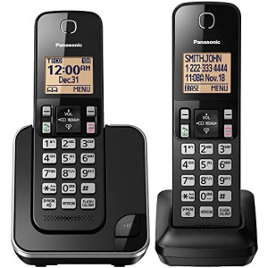 Panasonic Expandable Cordless Phone System with Amber Backlit Display – 2 Handsets – KX-TGC352B (Black)