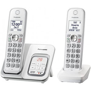 Panasonic DECT 6.0 Expandable Cordless Phone with Answering Machine and Smart Call Block - 2 Cordless Handsets - KX-TGD532W (White/Silver)