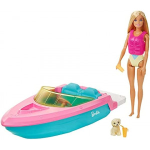 Barbie Doll and Boat Playset with Pet Puppy, Life Vest and Accessories, Fits 3 Dolls & Floats in Water, Gift for 3 to 7 Year Olds