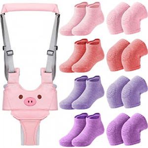 Baby Walking Harness Breathable Handheld Baby Walker Assistant Belt Adjustable Toddler Walking Assistant with 4 Pairs Non-Slip Toddler Socks Grips 4 Pairs Baby Knee Pads for Crawling, 7-24 Months