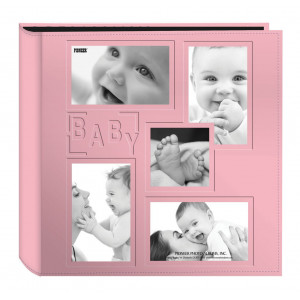 Pioneer Collage Frame Embossed "Baby"  Sewn Leatherette Cover Photo Album, Baby Pink