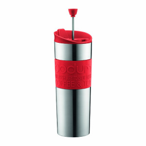 Bodum Insulated Stainless-Steel Travel French Press Coffee and Tea Mug, 0.45-Liter, 15-Ounce, Red