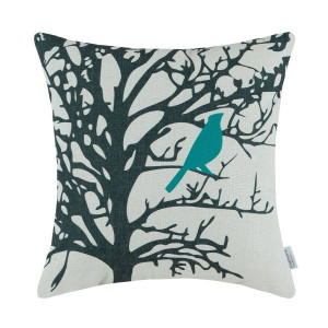 Euphoria Home Decorative Cushion Covers Pillows Shell Cotton Linen Blend Vintage Shadow Teal Bird Black Tree 18"  X 18" 