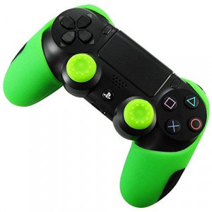 Pandaren Soft Silicone Thicker Half Skin Cover for PS4 Controller Set (Green skin X 1 + Thumb Grip X 2)