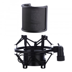Microphone Shock Mount with Pop Filter, Mic Anti-Vibration Suspension Shock Mount Holder Clip for Diameter 46mm-53mm Microphone