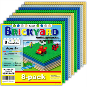 [Improved Design] 8 Baseplates, 10 x 10 Large Thick Base Plates for Building Bricks by Brickyard, for Play Table or Displaying Compatible Construction Toys (2 Green, 2 Blue, 2 Gray, 2 Sand - 8-Pack)