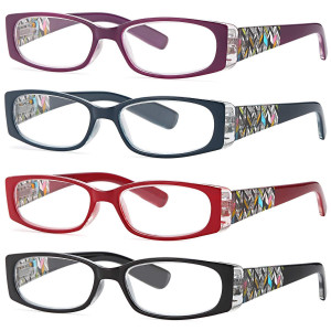 ALTEC VISION Pack of 4 Stylish Pattern Frame Readers Spring Hinge Reading Glasses for Women - Choose Your Magnification