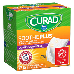 CURAD SoothePLUS Gauze Pads with ARM and Hammer Baking Soda, 4" x 4", 25 Count