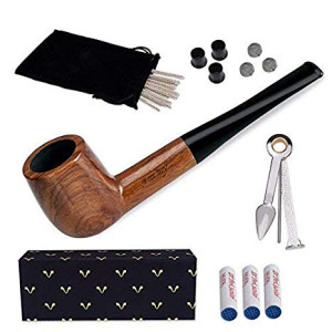 Tobacco Pipe Set, Free Boy Handmade Wooden Straight Stem Smoking Pipe with Accessories (Filter Elements, Filter Balls, 3 in 1 Scraper, Pipe Cleaners, Pipe Tip Grips, Bag, Gift Box)