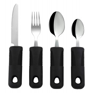 Adaptive Utensils (4-Piece Kitchen Set) Wide, Non-Weighted, Non-Slip Handles for Hand Tremors, Arthritis, Parkinson's or Elderly use | Stainless Steel Knife, Fork, Spoons - Black