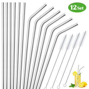 Stainless Steel Straws,ELECOOL Set of 12 Reusable and Ultra Long Metal Drinking Straws for 30 20oz Tumbler Bonus 4 Cleaning Brush