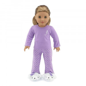 Emily Rose 18 Inch Doll Clothes | Purple Polka Dot Doll Pajamas PJ Outfit, Including Fluffy Puppy Slippers! | Fits American Girl Dolls | Gift Boxed!