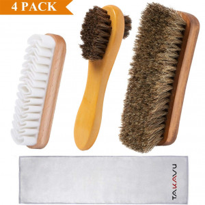 TAKAVU Horsehair Shoe Care Brush Kit (4PCS) - 100% Soft Horsehair Bristles, Polish Applicator, Crepe Suede Shoes Brush, Microfiber buffing Cloth for Shoes, Leather, Boot, Cloth, Bag