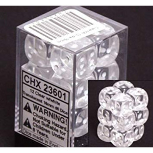Chessex Dice d6 Sets: Clear with White Translucent - 16mm Six Sided Die (12) Block of Dice