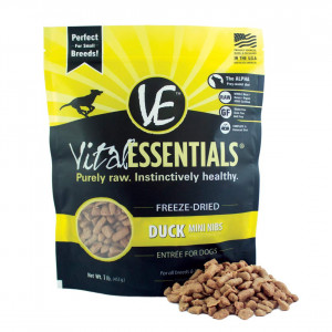Vital Essentials Freeze-Dried Duck Mini Nibs Grain Free Limited Ingredient Dog Entre, 1 Pound Bag