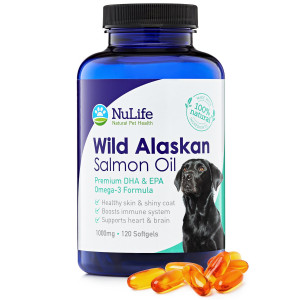 NuLife Natural Pet Health Pure Wild Alaskan Salmon Oil for Dogs, Omega 3 Fish Oil Supplement for Healthy Skin and Shiny Coat, Prevents Itchy Skin, Skin Allergies and Shedding, 120 Soft Capsules