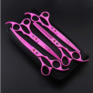 Purple Dragon Professional Pet Grooming Scissors Set JP440C Dog Cat Hair Trimming Shears Hair Cutting +2 Curved+ Thinning Scissors with Leather Ba