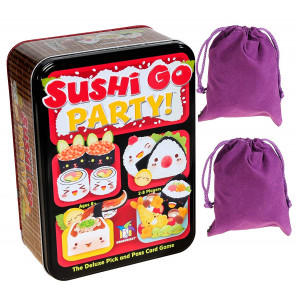 Sushi Go Party Game in Tin for 2 to 5 Players _ Bonus Two Purple Velveteen Drawstring Storage Pouches _ Bundled Items