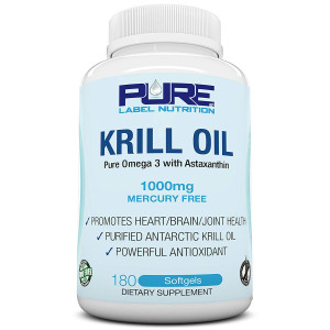 Krill Oil 1000mg with Astaxanthin 180 Caps Omega 3 6 9 - EPA DHA - 100% Purified, Mercury Free and Wild Caught - Non GMO - Gluten Free - Pure Krill Oil - Mega Dose Phospholipids (180 Capsules)