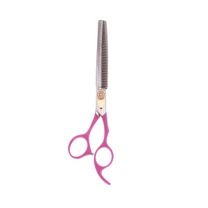 ShearsDirect Japanese Stainless Steel 7.0" 42 Tooth Blending Shear with Pink Non Slip Ergonomic Offset Handle