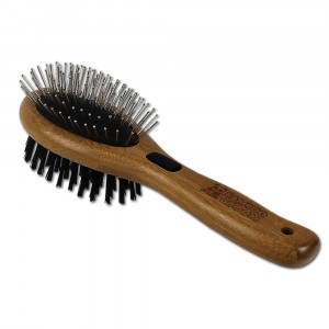 Bamboo Groom Combo Brush with Bristles and Stainless Steel Pins for Pets