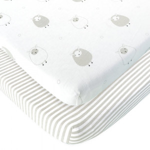 Cuddly Cubs Pack n Play Sheets | 2 Pack Playard Sheet For Baby Girl and Boy | 100% Jersey Cotton Unisex Mini Portable Crib Sheets | Sheep and Stripe in Grey | Best Baby Shower Gift | Fits Graco