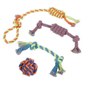Puppy Chew Toys Dog Rope - Set of 4 for Large, Small Dogs - Durable For Aggressive Chew, Teething - 100% Natural Cotton - Chewer Ball, Dental Pull Rope, Tug of War Toy, Fetching Bone - Best Pet Gift