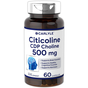 Carlyle Citicoline CDP Choline 500mg 60 Capsules  Supports Brain Function, Healthy Cognitive Function and Alertness  Non-GMO, Gluten Free