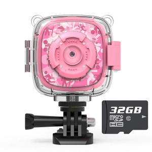 AKAMATE Kids Action Camera Waterproof Video Digital Children Cam 1080P HD Sports Camera Camcorder for Boys Girls, Build-in 3 Games, 32GB SD Card (Pink)