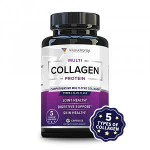 Multi Collagen Pills with Hyaluronic Acid and Vitamin C: Anti Aging Capsules with Hydrolyzed Collagen Protein Peptides from Grass-Fed Beef, Marine and More, Type I II III V X Keto Collagen Supplement