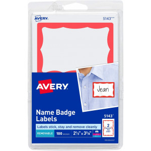Avery Name Badge Labels, Red Border, 2-1/3" x 3-3/8", 100 Badges (5143)