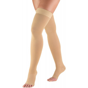 Truform 20-30 mmHg Compression Stockings for Men and Women, Thigh High Length, Dot-Top, Open Toe, Beige, Medium