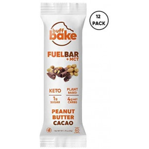 Buff Bake Fuel Bar + MCT | KETO FRIENDLY | Plant Based | Non-Dairy | Vegan |12g of Protein | 1g Sugar | 4g Net Carbs | Gluten Free (12 Count, 50g) (Peanut Butter Cacao, 12 Count)